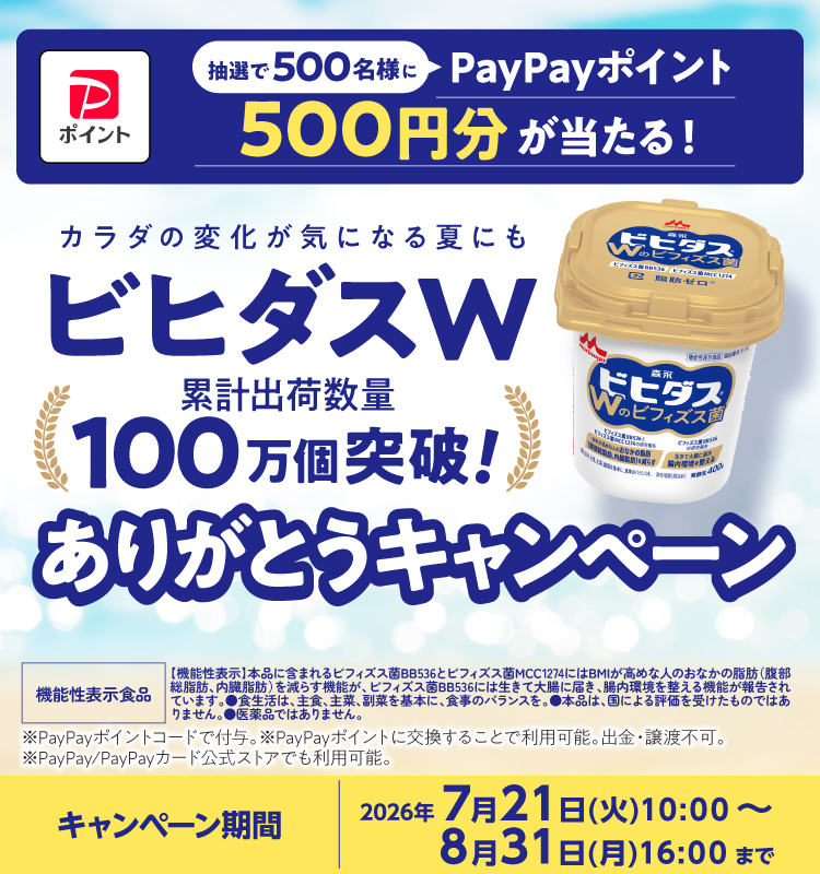 ビヒダスＷ 累計出荷数量 100万個突破！ありがとうキャンペーン